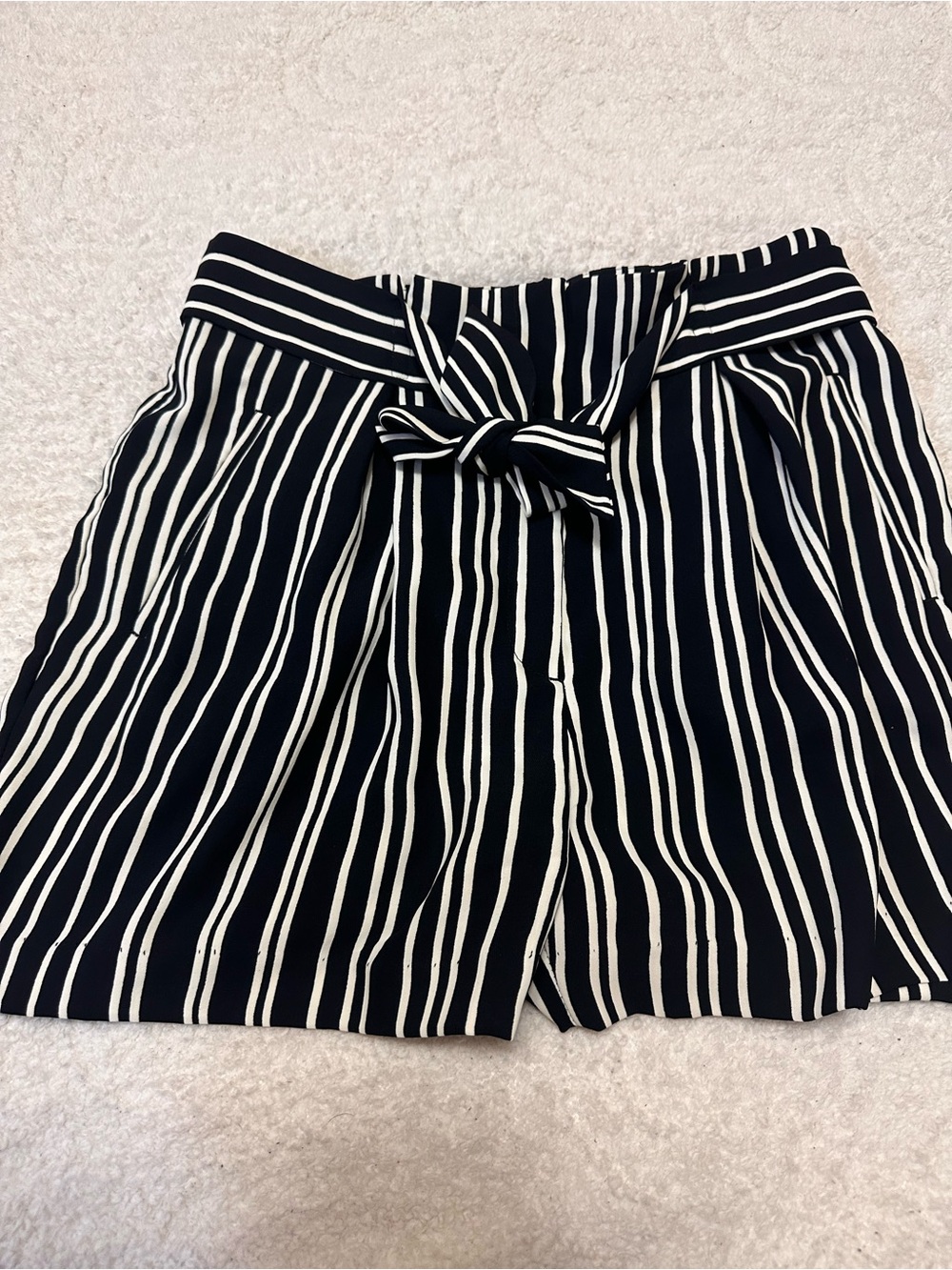 H&M Black & White Vertical Stripe High-Waist Tie-Front Shorts